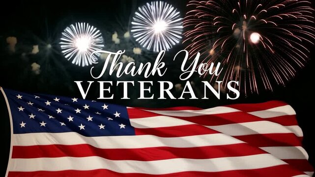 Thank You Veterans message on American flag background with glowing light, patriotic tribute design concept showing gratitude, respect, and national pride