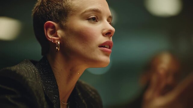 Medium shot capturing a focused nonbinary leader speaking passionately in a blurred boardroom highlighting gender diversity in executive decisionmaking.