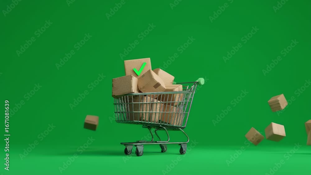 Aufkleber multiple cardboard boxes are falling and bouncing inside a miniature shopping cart on a chroma key b