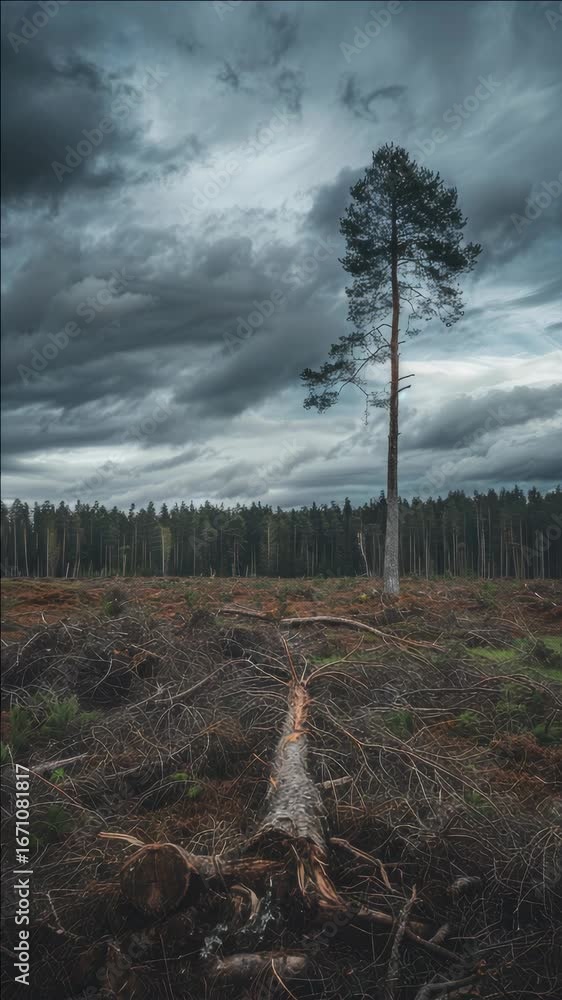 Aufkleber a tree is standing in a field with a fence in the background. the sky is cloudy and the tree is the 