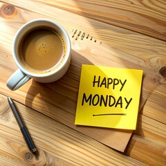 Coffee Mug with Happy Monday Note on Wooden Desk in Bright Natural Light