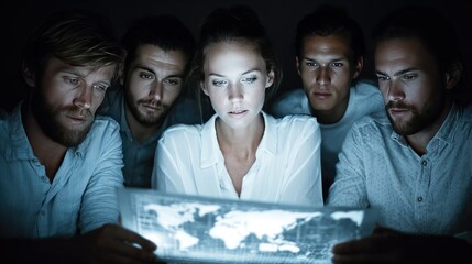 Team Analyzing World Map Data on Glowing Screen in Dark Room for Collaborative Strategic Planning