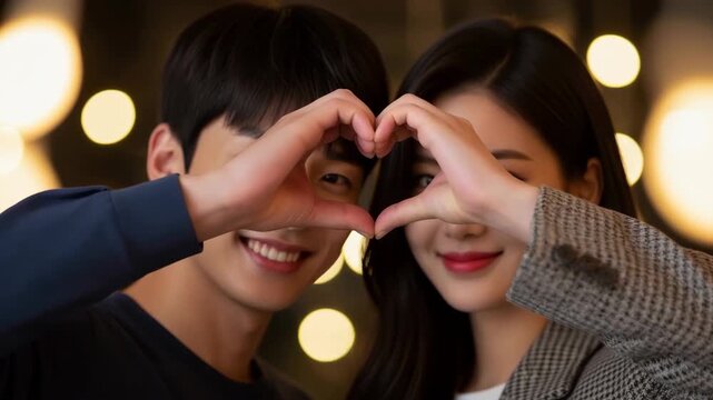 Romantic Couple Making Heart Shape with Hands. love, affection, and togetherness in a warm setting.
