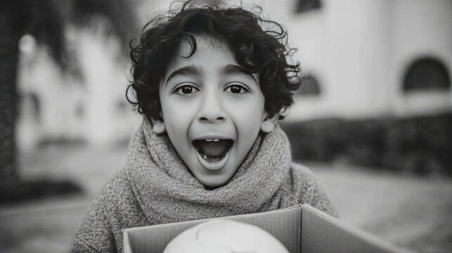 Joyful Child with Surprise Gift Box and Soccer Ball Outdoors in Black and White