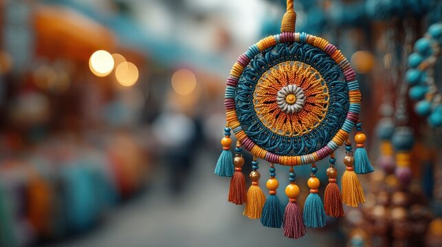 Artistic woven dreamcatcher with vibrant tassels hanging at a bustling market