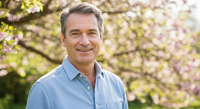 Smiling Middle-Aged Man in Blue Shirt Outdoors with Blossoming Trees