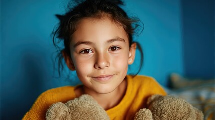 Joyful Young Girl Smiling with Teddy Bear in Cozy Bedroom Setting