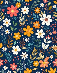 Vibrant Folk Art Floral Meadow with Orange and White Daisies on a Deep Navy Blue Canvas.
