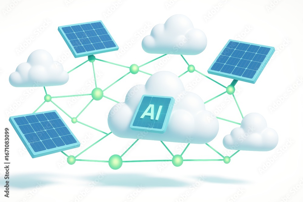 Poster cloud computing with ai integration and solar panels for sustainable energy solutions