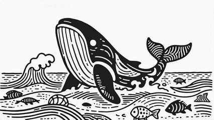 Continuous line drawing of a whale with waves and marine life, symbolizing ocean conservation, ideal for eco-aware designs.
