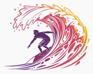 colorful Surfing wave action silhouette illustration