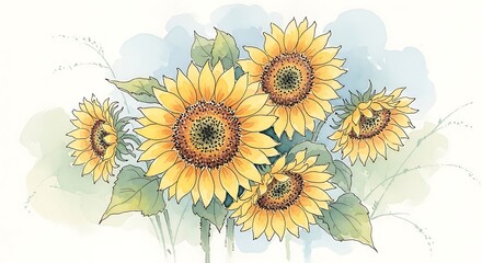 Obraz premium Watercolor Sunflowers Illustration, Bright Floral Art.