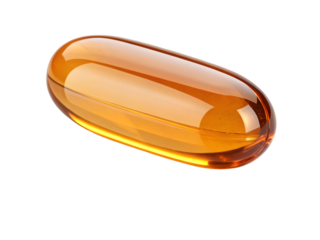 3 D Render of a Single Translucent Amber Glass Capsule Filled with Golden Liquid Isolated on Black Background Detailed Closeup View Showing Smooth Surface and Slight Curvature