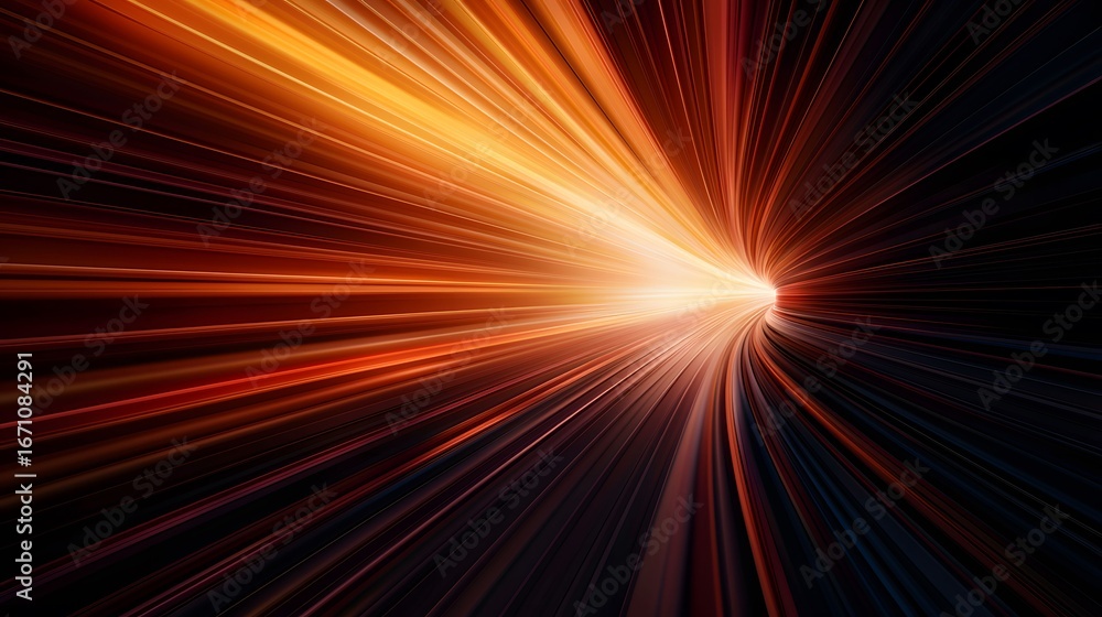 Poster the image is a digital rendering of a tunnel with streaks of orange and yellow light converging towa