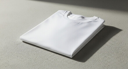 A neatly folded white cotton t-shirt, showcasing a clean and minimalist design on a neutral surface.