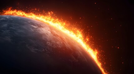 Obraz premium The image shows a planet, possibly Earth, with a fiery atmosphere or corona surrounding it, set against a dark cosmic background filled with bright spots.