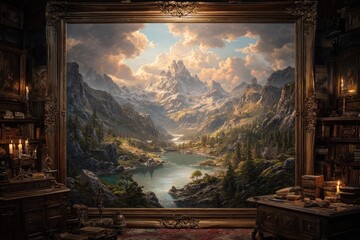 Obraz premium Mountain landscape painting in ornate frame, library setting