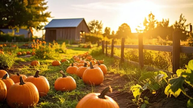 Autumn harvest, pumpkins in rows under the golden sunset at farm