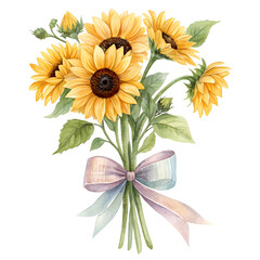 Watercolor bouquet of sunflowers tied with a pastel ribbon on a black background