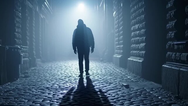 A lone man's silhouette walks down a dark, foggy cobblestone alley, illuminated by a single mysterious light.
