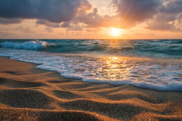 Golden sunset over the ocean, waves on sandy shore