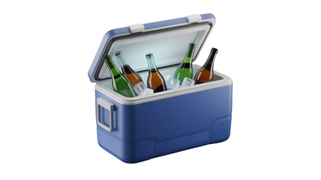 Blue Cooler Filled with Bottles and Ice