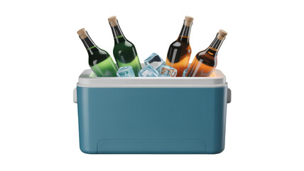 Blue Cooler with Four Bottles and Ice Cubes