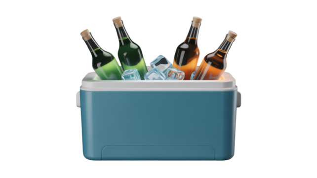 Blue Cooler with Four Bottles and Ice Cubes