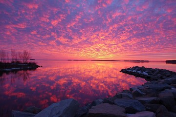 Vivid pink sunrise reflecting on still lake