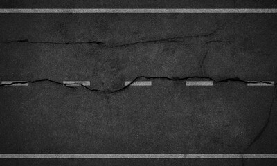 Crack asphalt road with white lane marking top view.