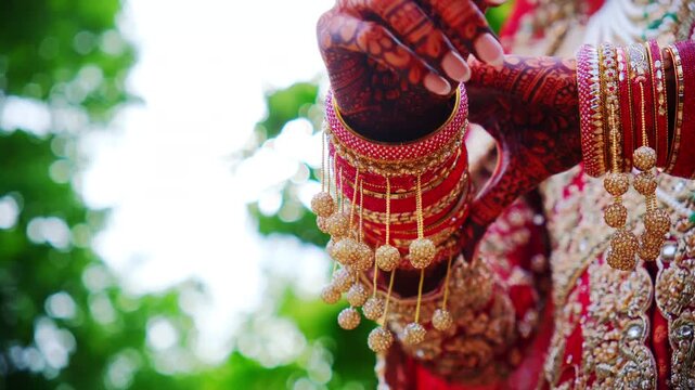 Red color is the traditional Asian wedding clothes, Move camera, view of bangles on the hands