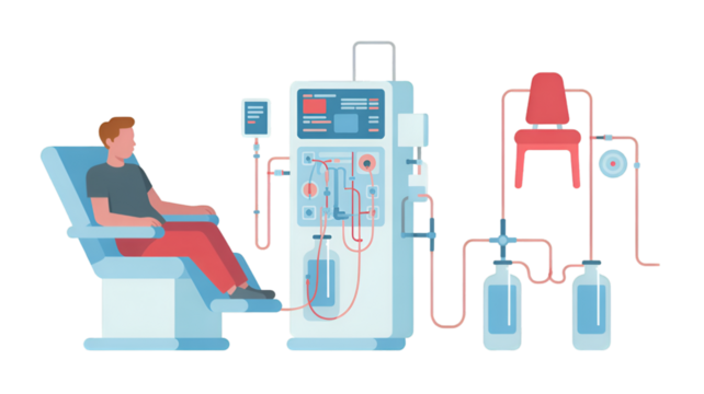 Patient undergoing dialysis treatment with medical equipment