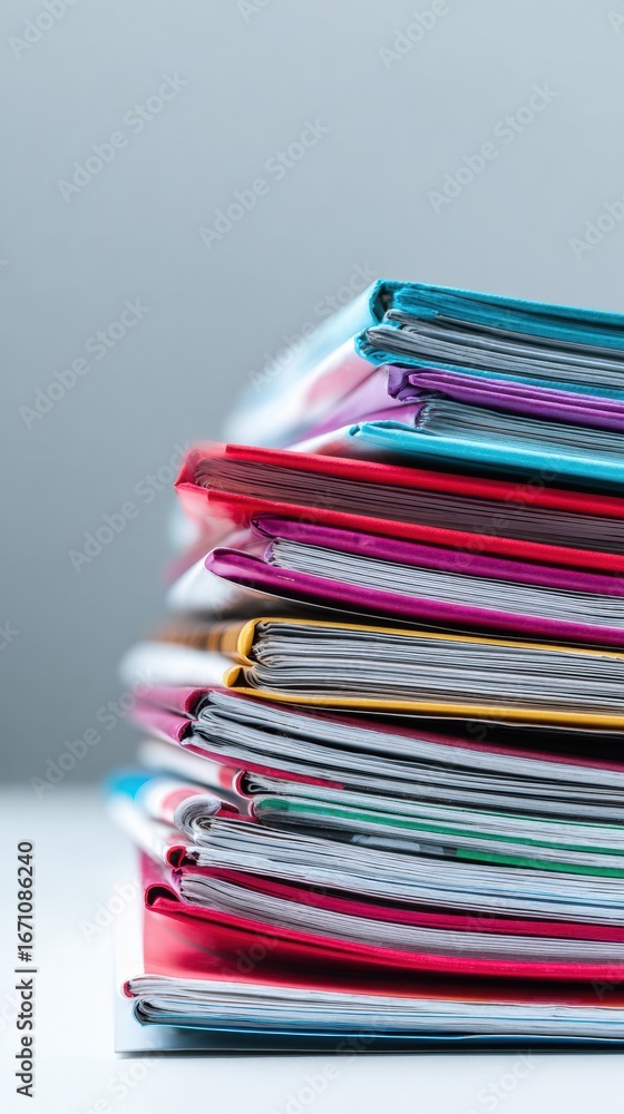 Poster colorful stacked folders arranged neatly on a table in a well-lit workspace