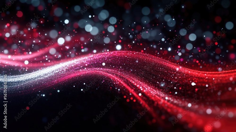 Poster a mesmerizing abstract image showcasing wavy patterns of sparkling red and white lights against a da