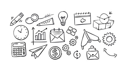 Business doodle icons with transparent background hand drawn