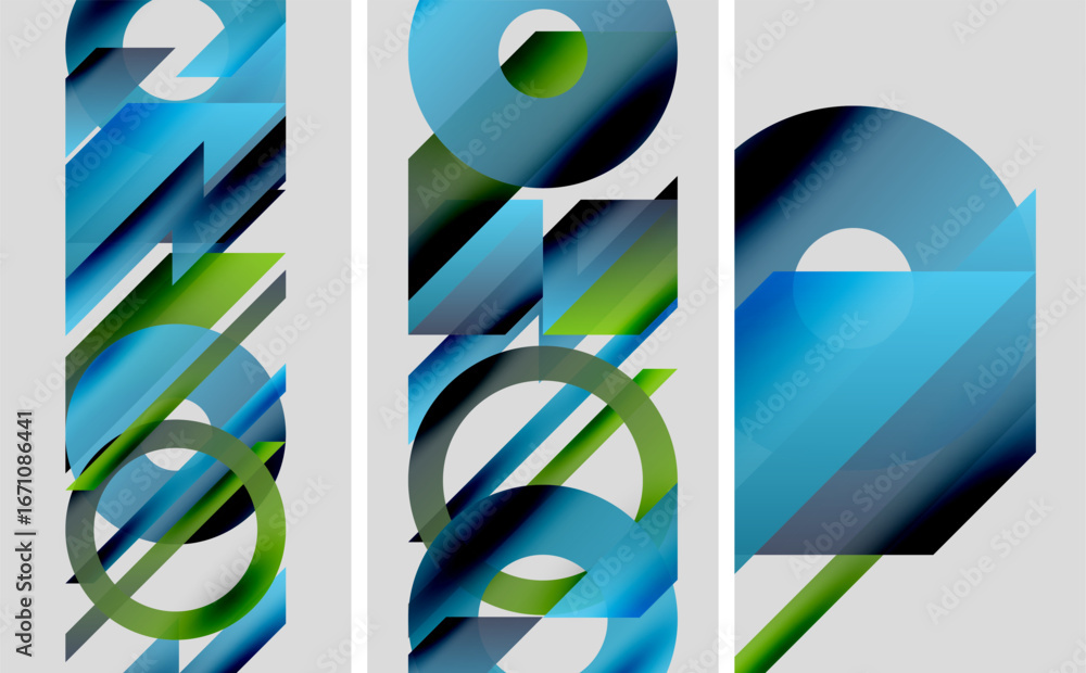 Poster abstract geometric artwork. blue, green gradients form layered shapes. circles, lines intersect crea