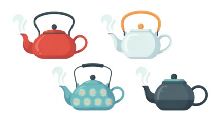 Four Steaming Kettles in Various Colors and Designs