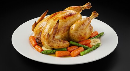 Roasted chicken with carrots and asparagus on white plate