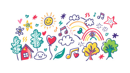 Cheerful doodle art with sun and rainbow illustration