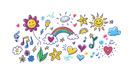 Cheerful doodle elements with sun rainbow and flowers