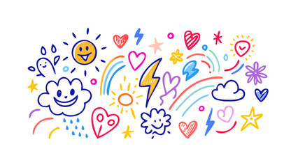 Cheerful doodle elements with suns hearts and stars