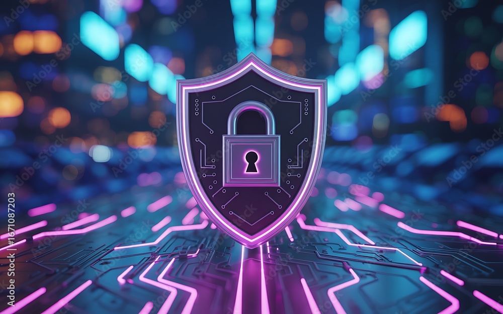 Poster digital shield with padlock symbol on circuit board with neon lights