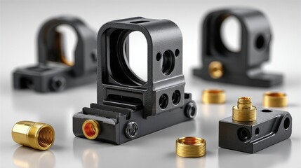Close-up of several black metal firearm optics components