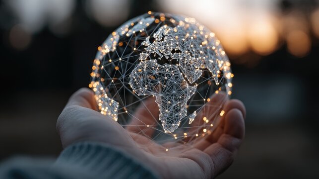 Hand holds glowing, connected world globe