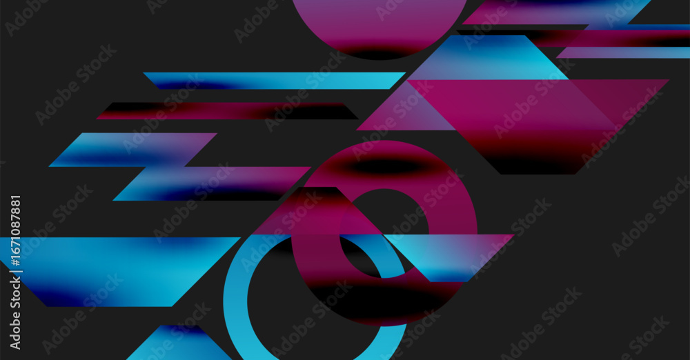 Poster abstract geometric composition. vivid blue, magenta shapes overlap, creating dynamic visual effect. 