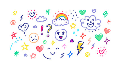 Colorful doodle elements with smiley faces and hearts
