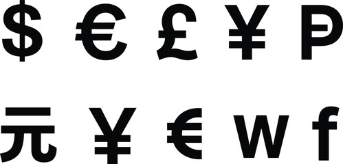 Obraz premium Black currency symbols dollar euro pound yen yuan and letters on white background vector illustration