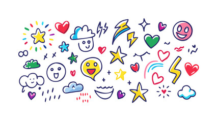 Colorful doodle icons with happy faces and stars vector