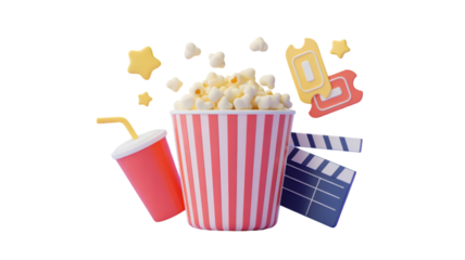 Movie Night Essentials: Popcorn, Drinks, Tickets, and Clapperboard