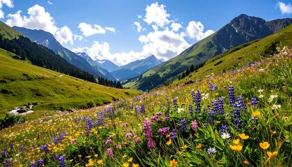 Scenic Valley View Lush Greenery and Blooming Wildflowers Under Blue Skies